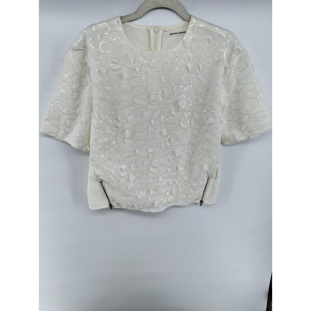 Beautiful Monster Sheer Sequin Blouse Size M Ivory